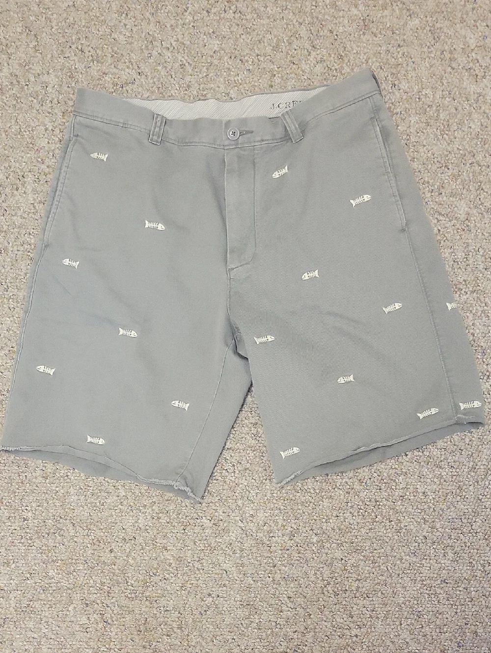 J Crew Broken In Grey Chino Shorts W Embroirderd Fish Bones Sz 35. Preppy Summer